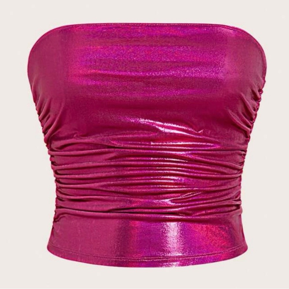 Pink Metallic Strapless Crop Top